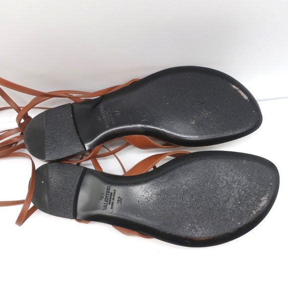 VALENTINO ROMAN STUD ANKLE WRAP FLAT SANDALS BROWN LEATHER SIZE 37 - Picture 11 of 11